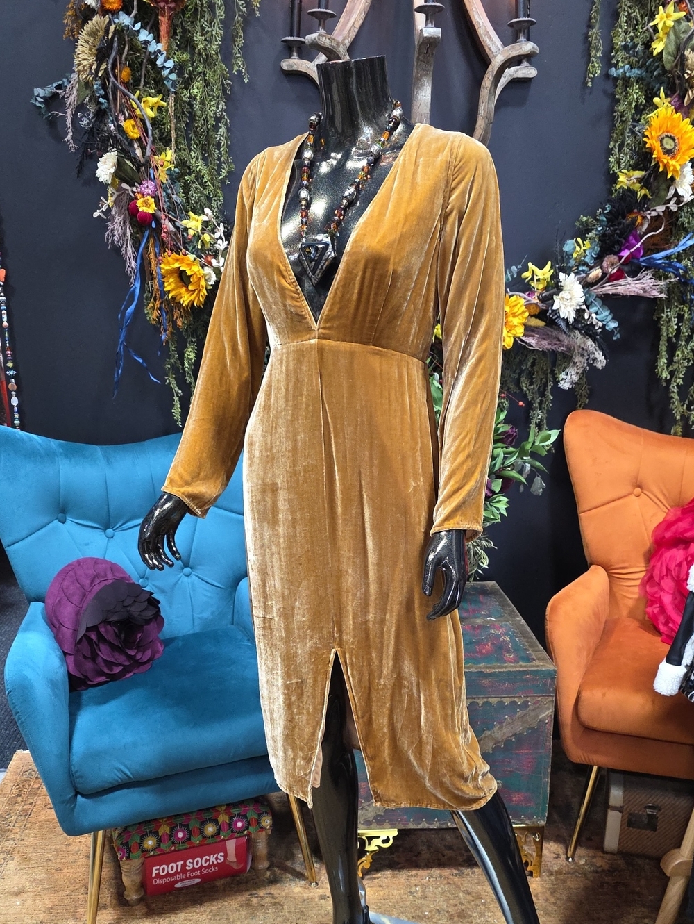 For Love And Lemons Velvet Deep-V Midi Dress in Gold
